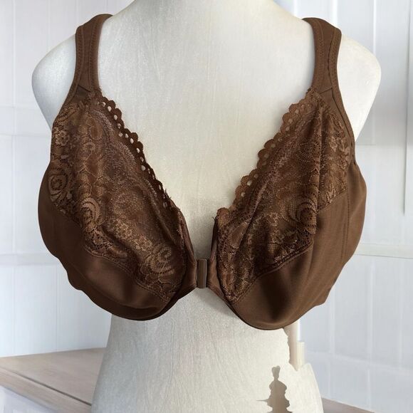 Glamorise Chocolate Brown 48B  Lace Trimmed Bra Front Closure‎ - Picture 1 of 7